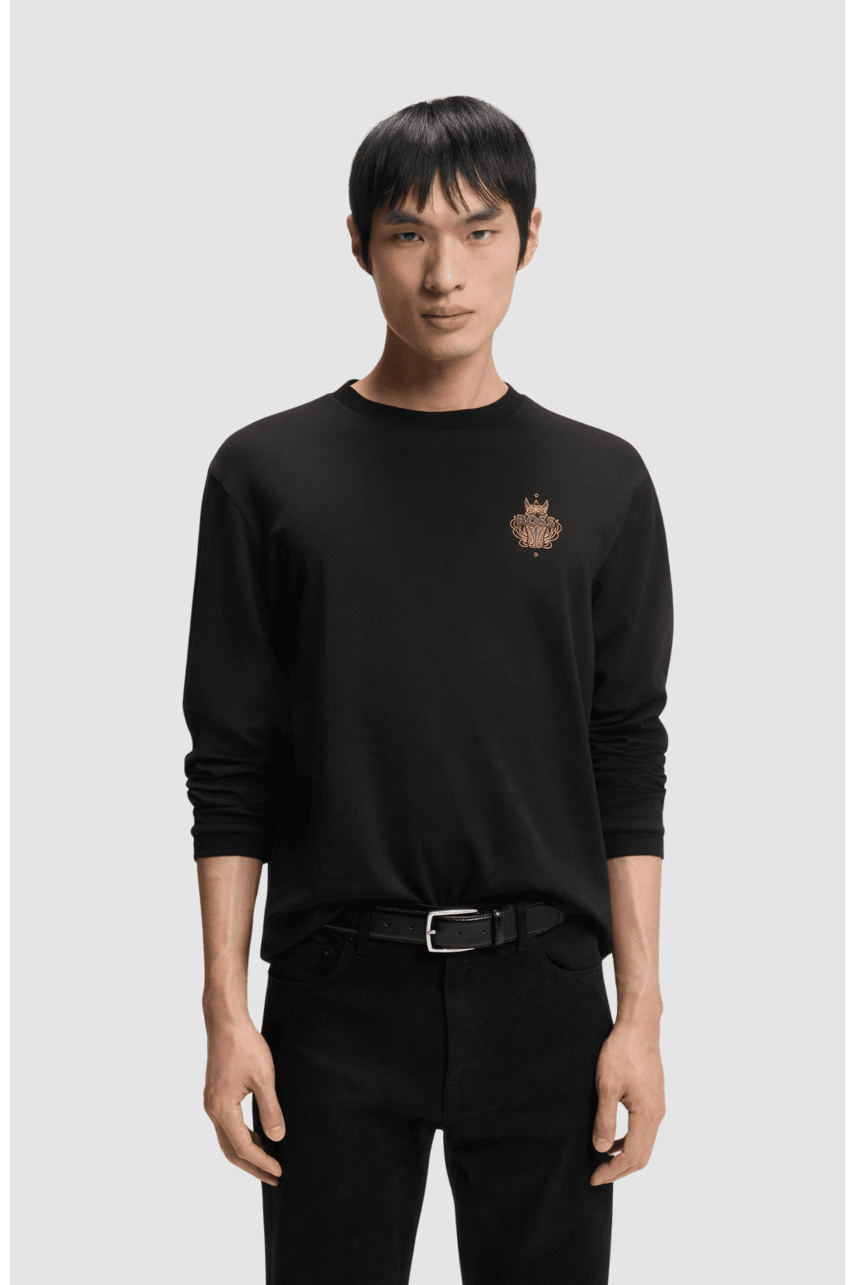 باس تی‌شرت آستین بلند طرح لوگودار مردانه، یقه گرد، ۱۰۰٪ پنبه، مشکی، ۵۰۵۶۴۳۰۲-۰۰۱