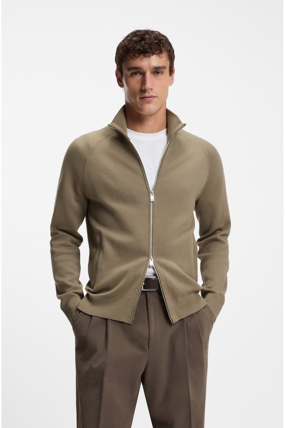 باس ژاکت مردانه یقه ایستاده خاکی ترکیبی از پنبه و پشم خالص ۵۰۵۴۳۱۵۰-۲۴۵
