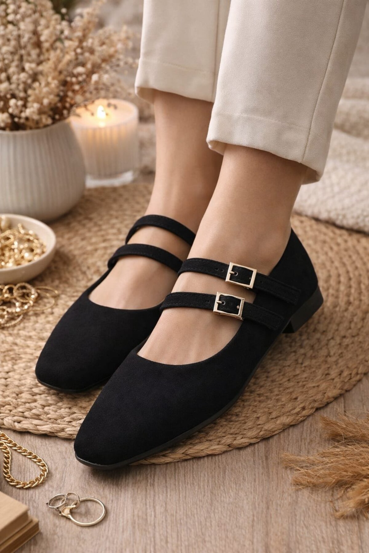 Slipcat  Kadın Üstten Kemerli Çift Tokalı Çift Bantlı Tokalı Süet Babet Süet - Görsel 3