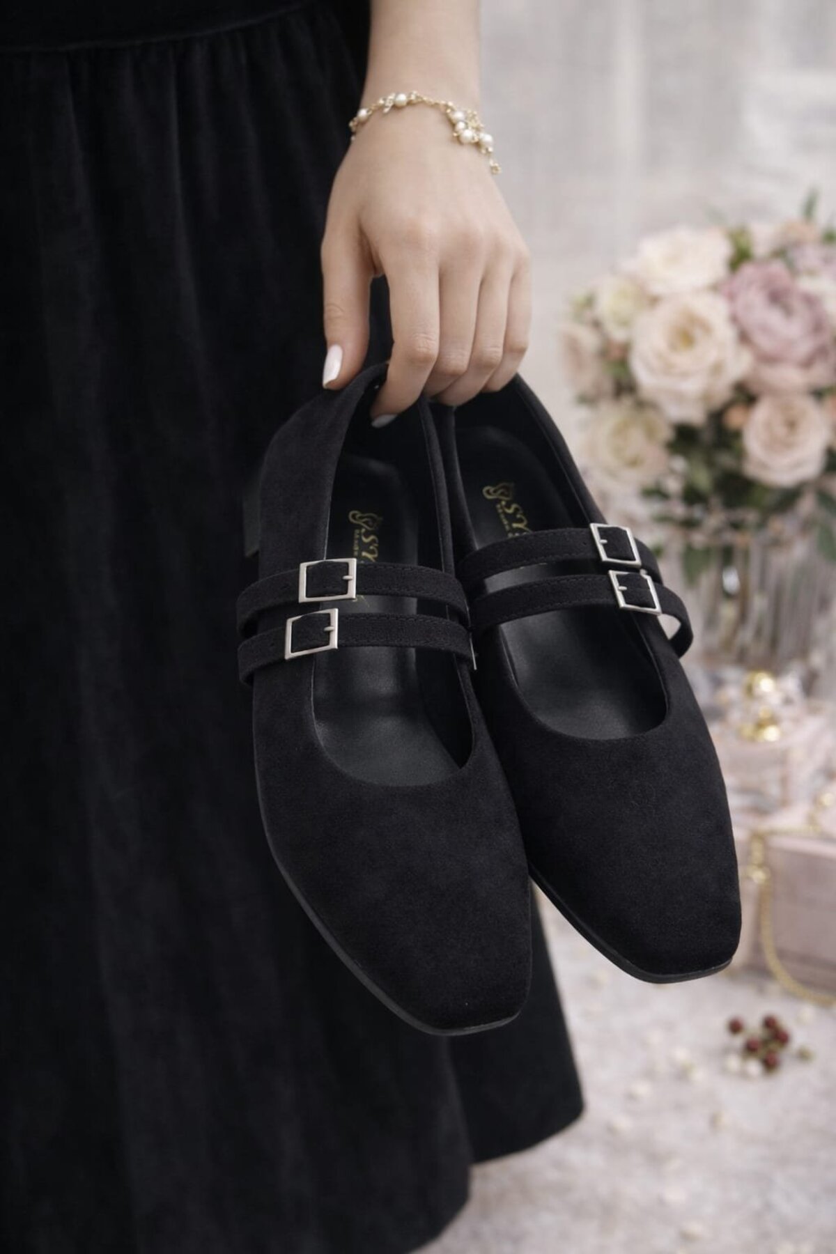 Slipcat  Kadın Üstten Kemerli Çift Tokalı Çift Bantlı Tokalı Süet Babet Süet - Görsel 7