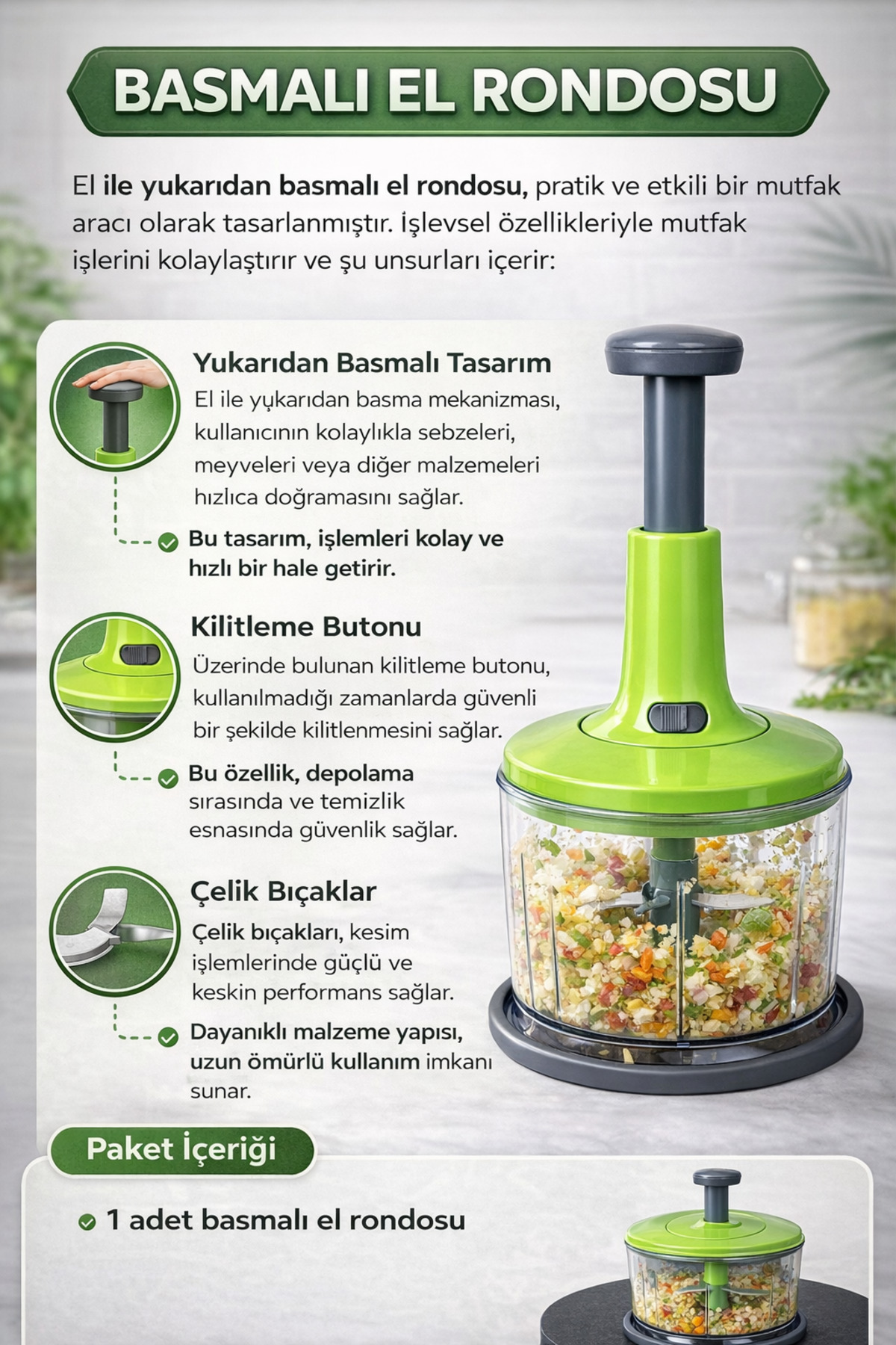 Eco Lounge Basmalı El Rondosu | Üstten Basmalı, Kilitleme Butonlu, Çelik Bıçaklı Doğrayıcı