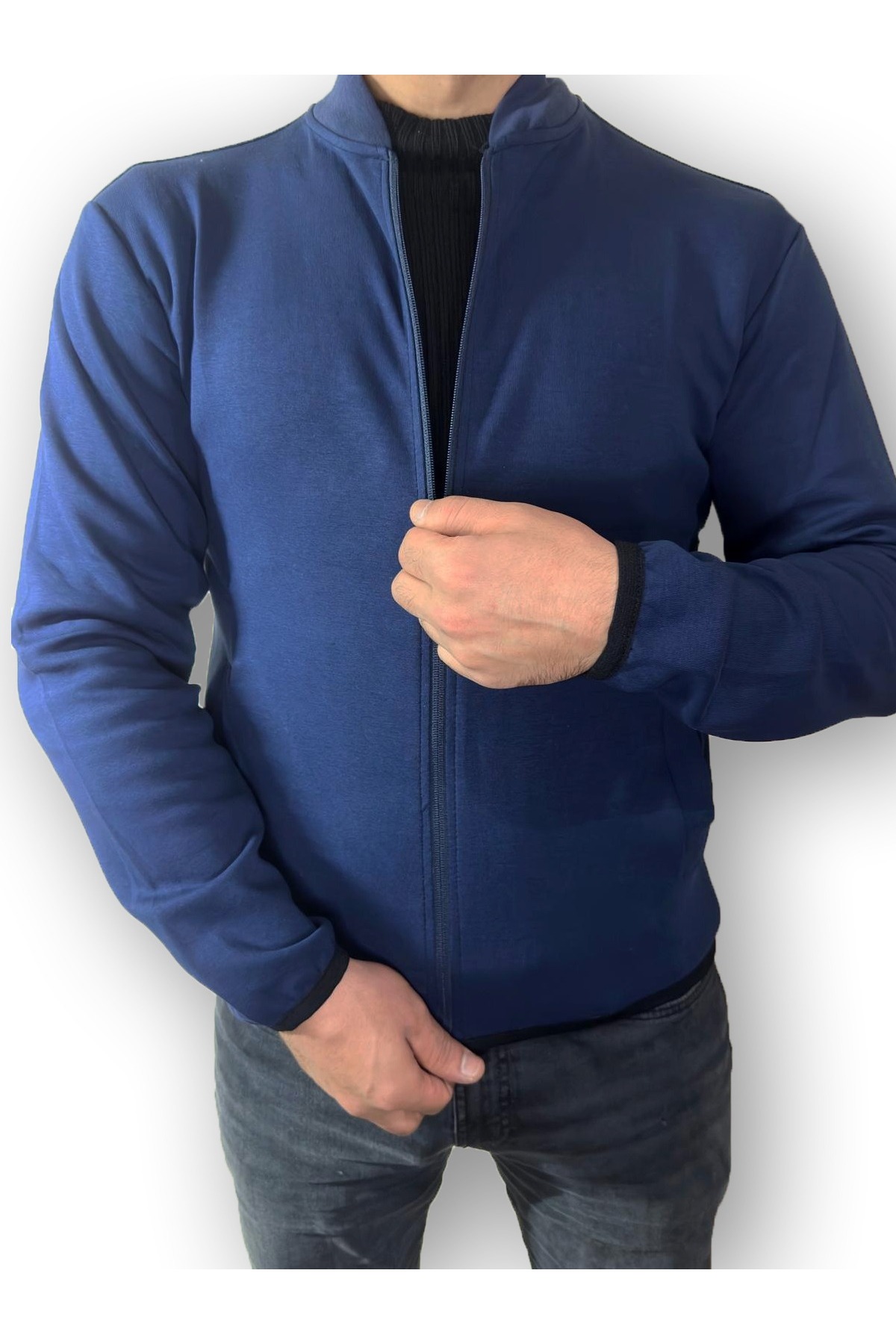 Erkek Fermuarlı Cepli Basic Kapüşonsuz Hakim Yaka Sweatshirt Hırka — سرمه‌ای EH-100