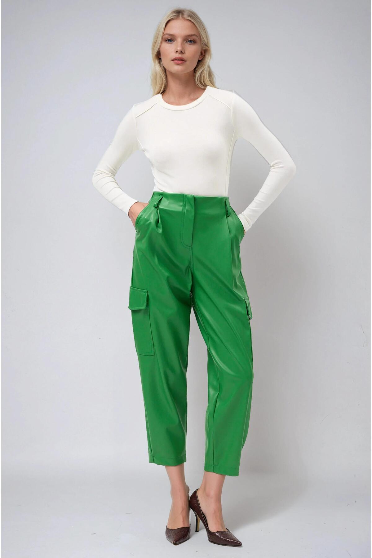 Green Cargo Pocket Detailed Leather Carrot Pants 0104 R3-G-K1