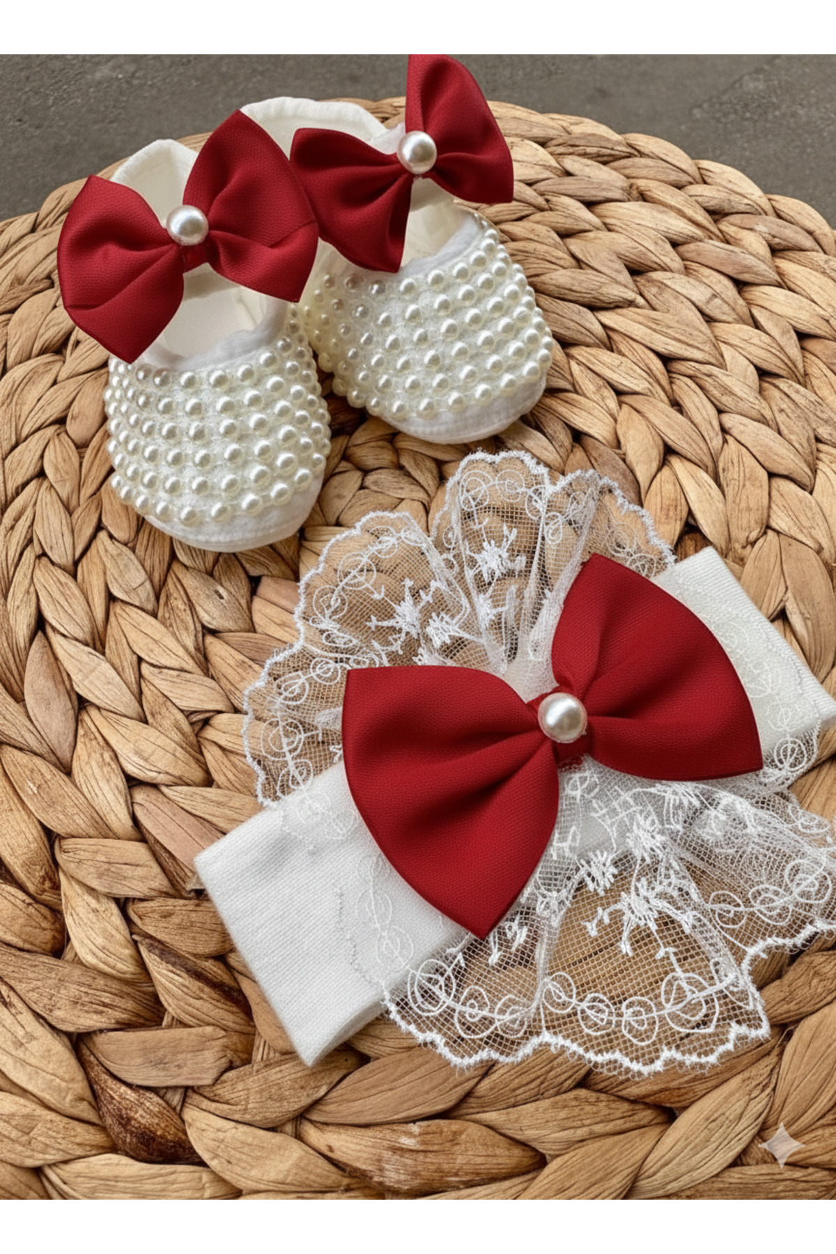 Harry&Millie Kız Bebek Fiyonk Detay Parlak Incili patik dantelli bandana set 10cm Hediyelik Patik Lüx Cırtcıtlı