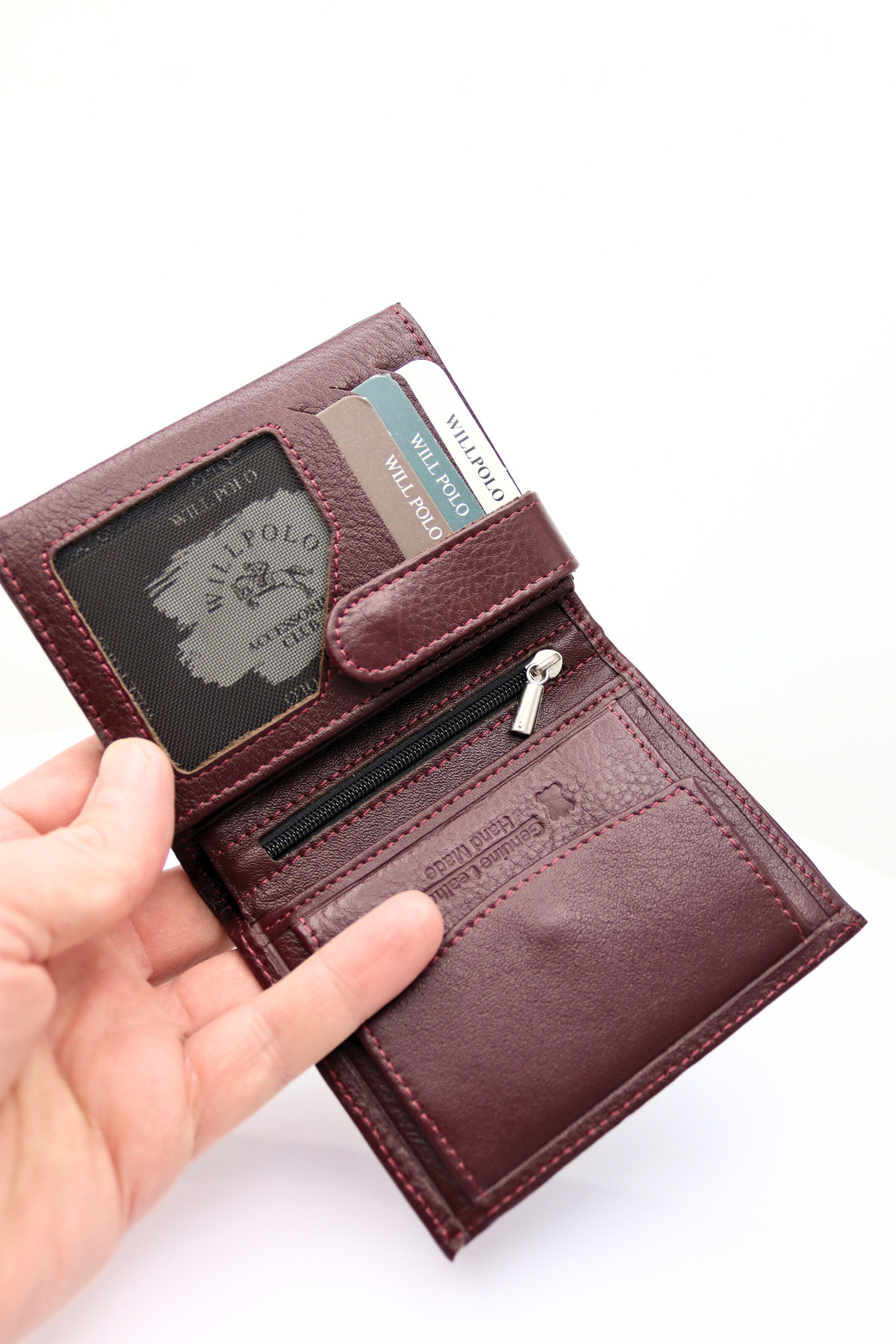 Genuine Leather Vertical Large Size Claret Red Wallet Card Holder