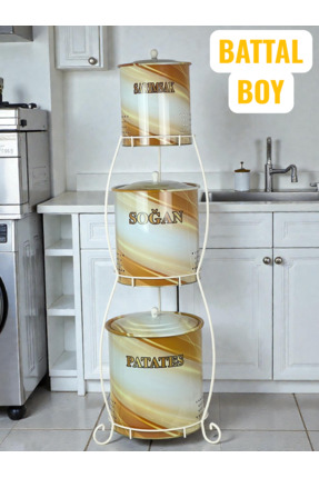 metalshop 3 Katlı Ferforje Lüx Patates Soğan Sarımsak Kovası Desenli