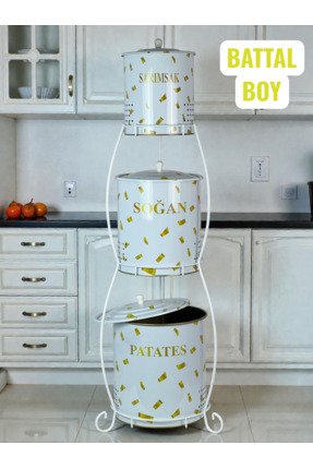 metalshop 3 Katlı Ferforje Lüx Patates Soğan Sarımsak Kovası Desenli