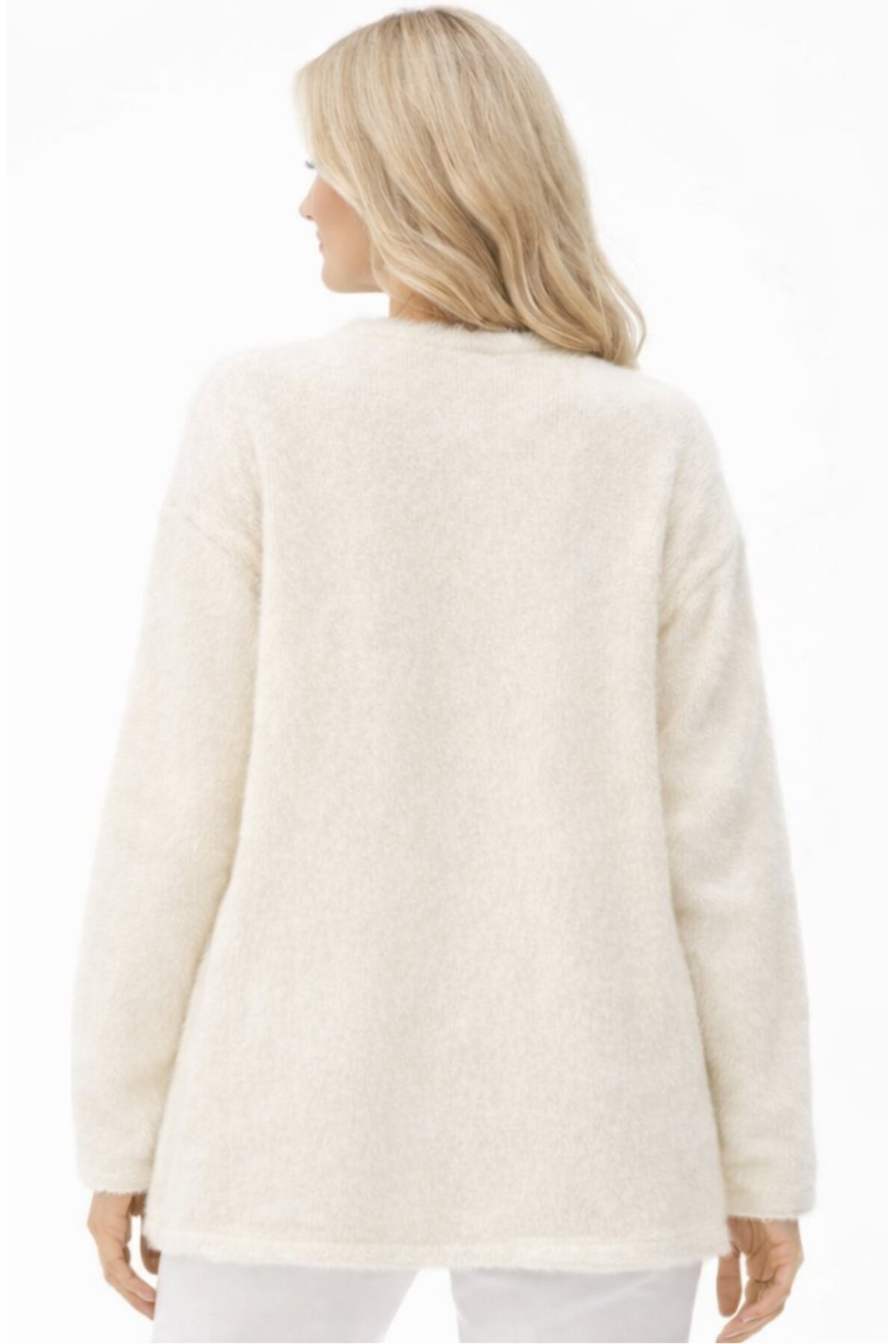 Fresh&Moda  Kadın Beyaz Angora Çiçek Nakışlı İnce Düğmeli Hırka - Görsel 3