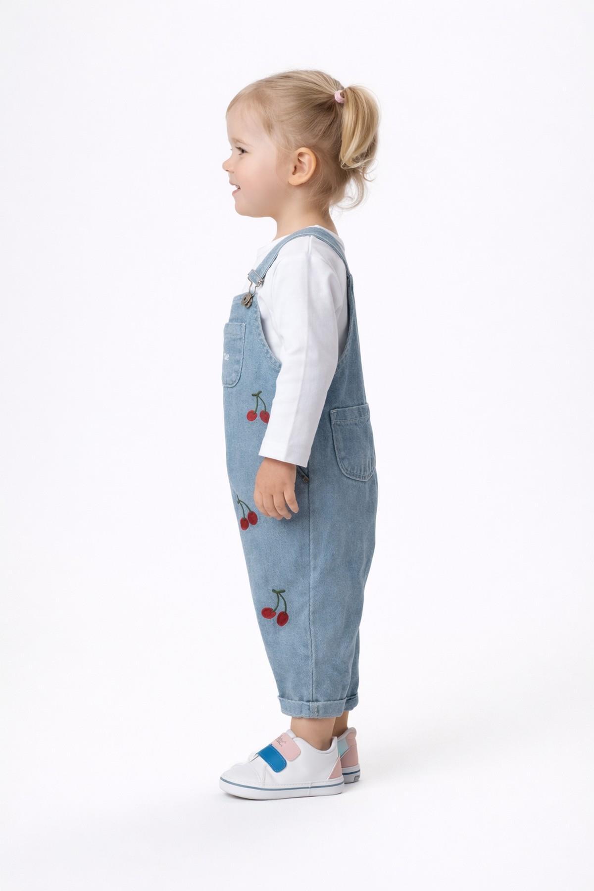 dinamik çocuk Kız Bebek Çiçek/Çilekli/Kirazlı Nakışlı Uzun Kollu Badili Esnek Kot Salopet 2li Takım Bayramlık 6-9- fotoğrafı 2 (önizleme)