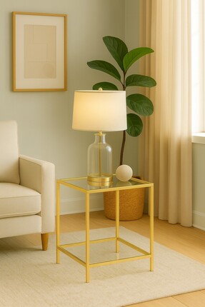 Trendmiz VELMARK Modern Loft Tarz 2 Katlı şeffaf Camlı Sehpa – Gold Metal Göv...