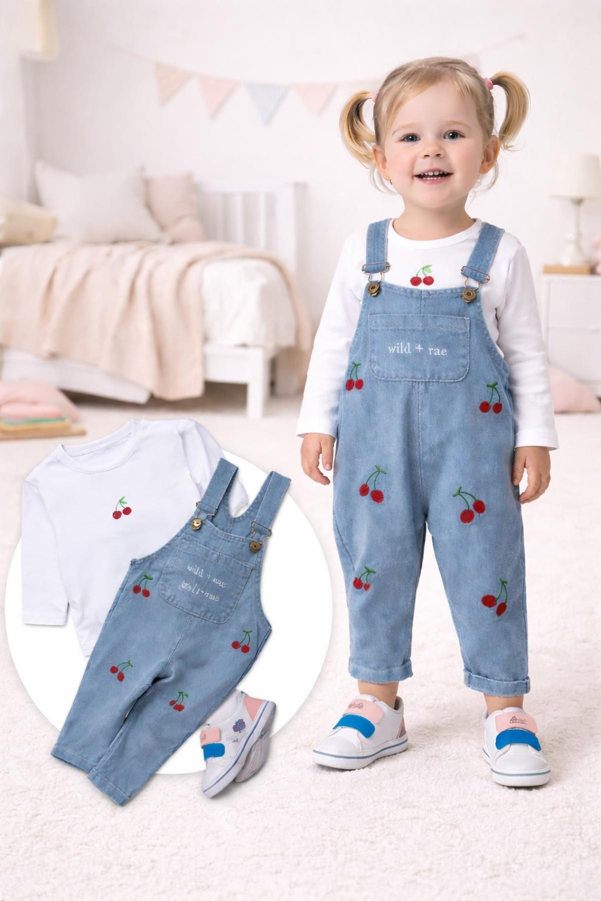 dinamik çocuk Kız Bebek Çiçek/Çilekli/Kirazlı Nakışlı Uzun Kollu Badili Esnek Kot Salopet 2li Takım Bayramlık 6-9- fotoğrafı 7 (önizleme)