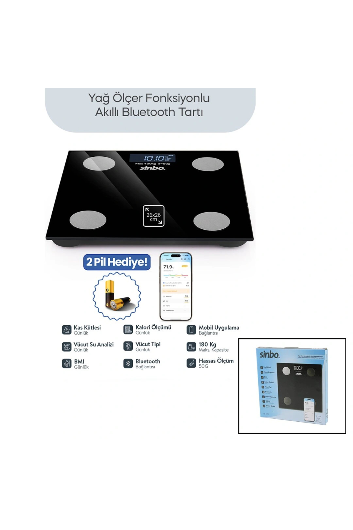Go İthalat SİYAH YAĞ ÖLÇER AKILLI BLUETOOTH CAM BASKÜL PİLLİ 180KG/50GR 26X26CM 8-KİŞİ HAFIZA LCD EKRAN ℃ GÖSTE