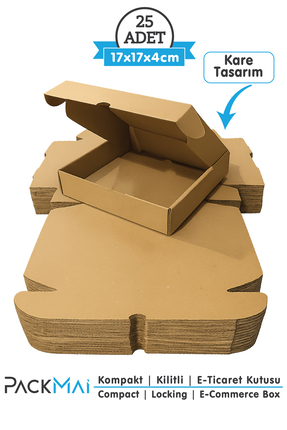 PackMai 17x17x4 cm Kraft Kilitli Karton Kutu 25 Adet | E-Ticaret Gönderi, Hed...