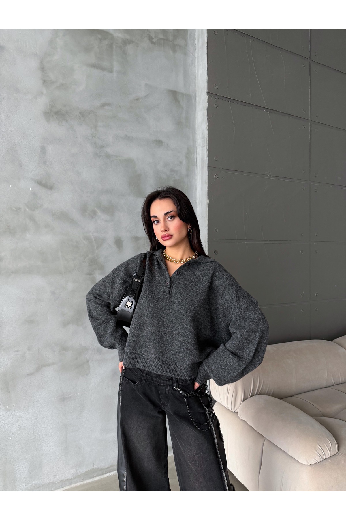 figo  Oversize Polo Yaka Düğmeli Kadın Kazak - Görsel 6