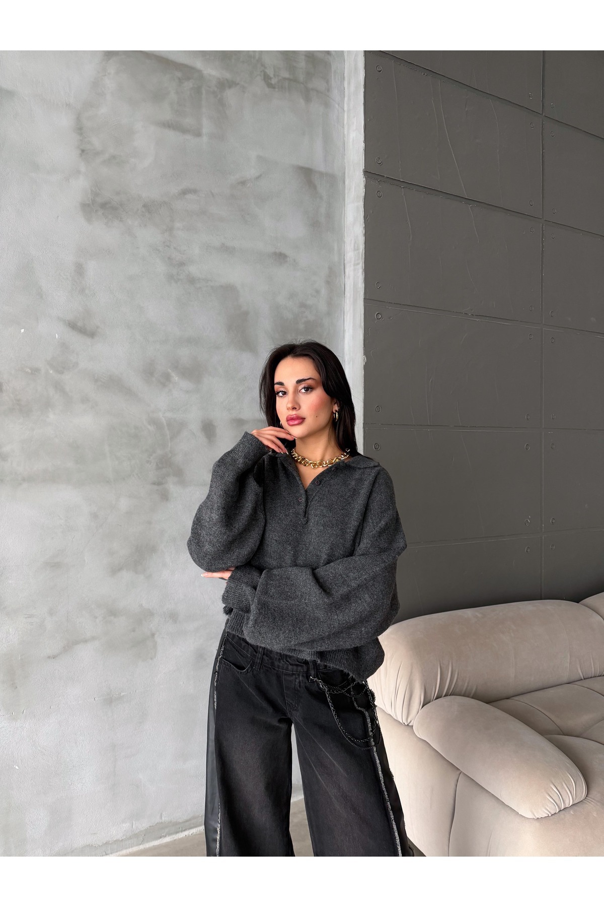 figo  Oversize Polo Yaka Düğmeli Kadın Kazak - Görsel 7