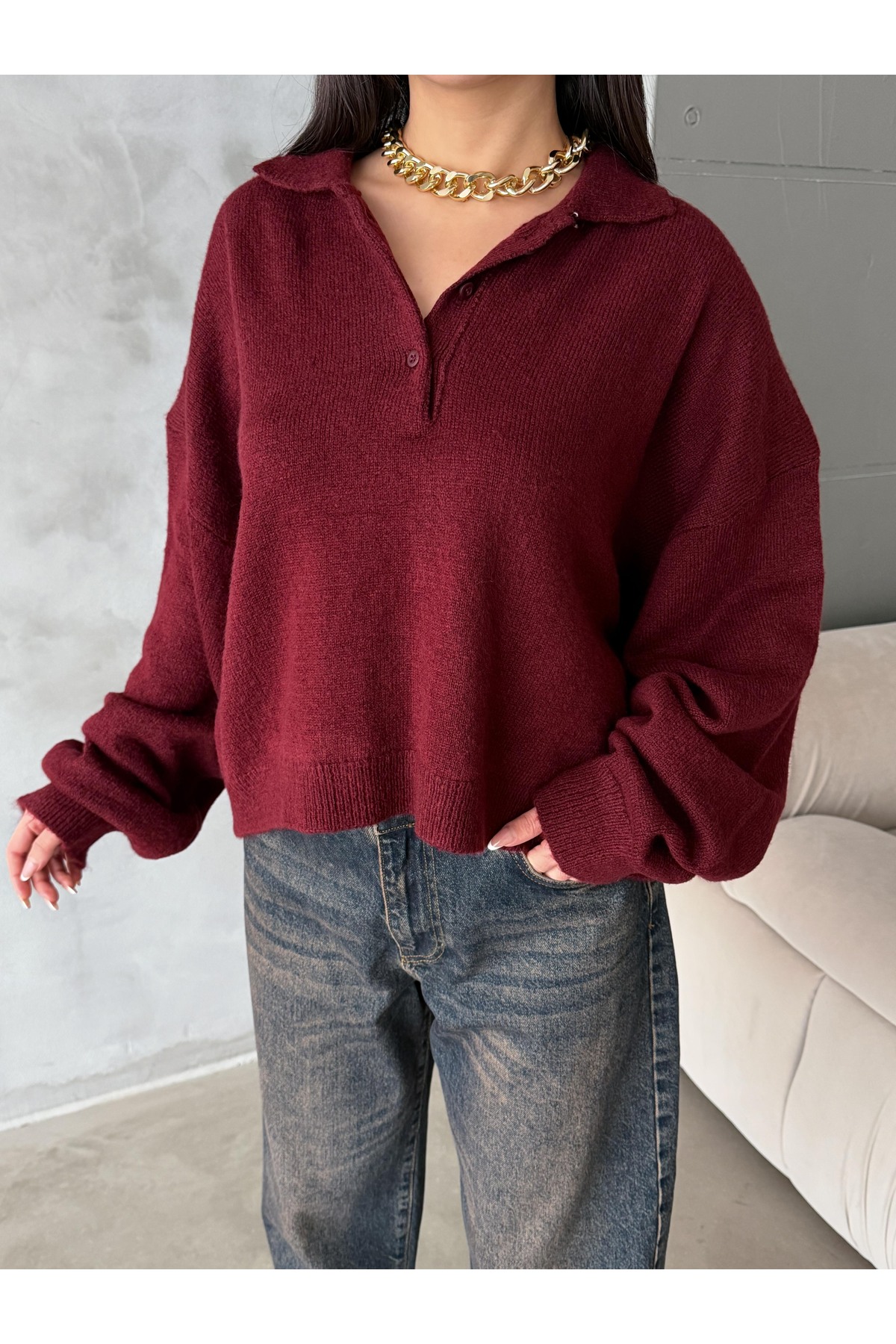 figo  Oversize Polo Yaka Düğmeli Kadın Kazak