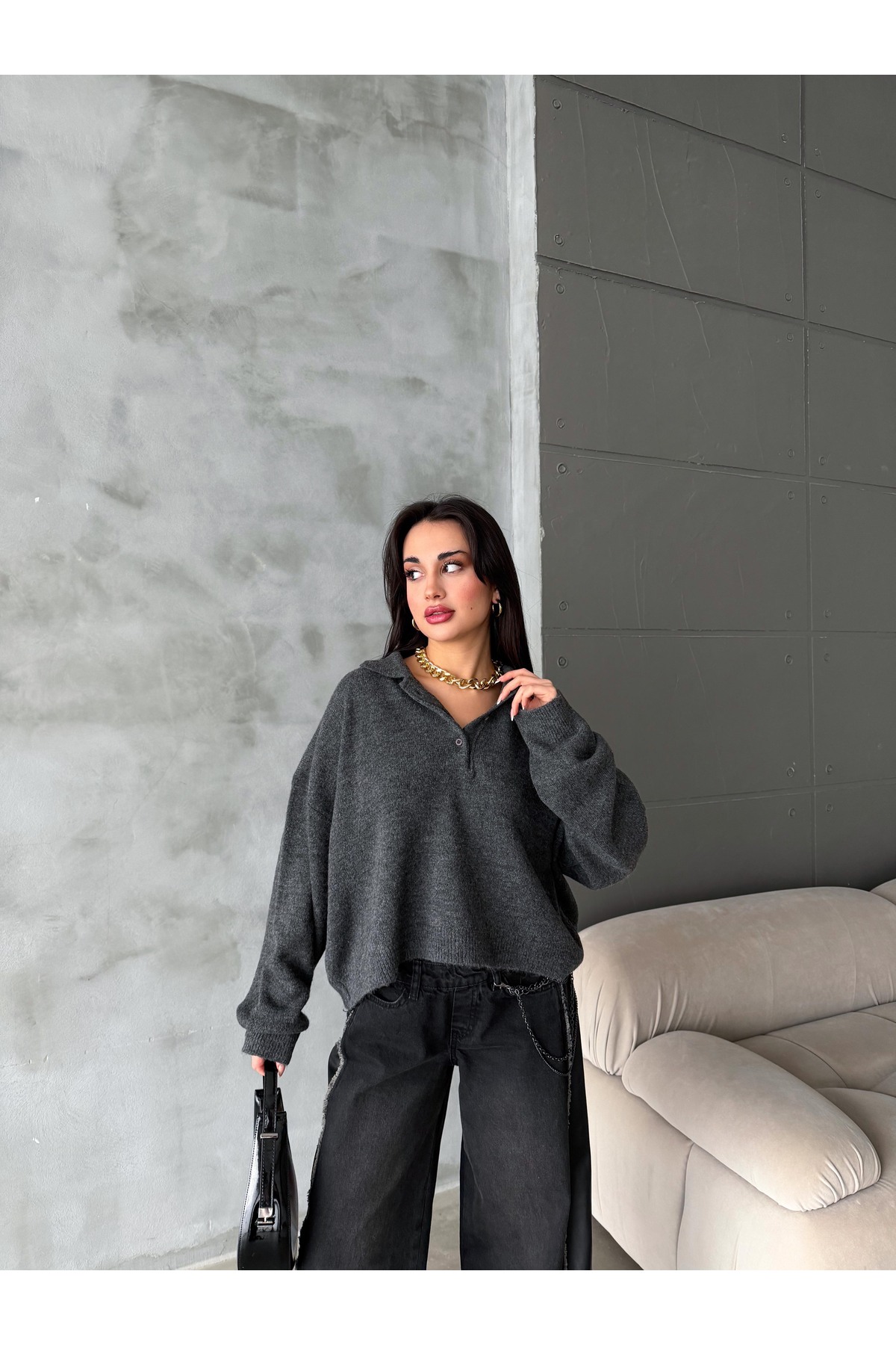 figo  Oversize Polo Yaka Düğmeli Kadın Kazak - Görsel 4