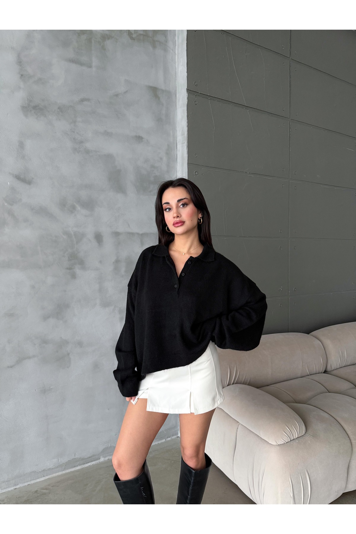 figo  Oversize Polo Yaka Düğmeli Kadın Kazak - Görsel 8