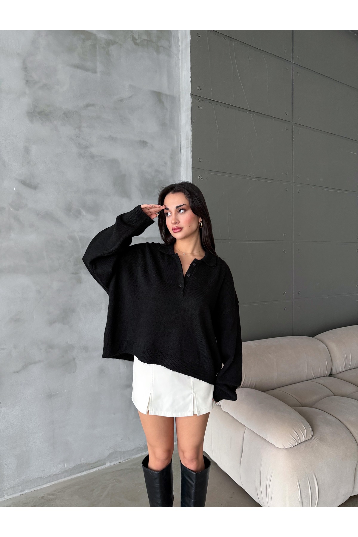 figo  Oversize Polo Yaka Düğmeli Kadın Kazak - Görsel 7