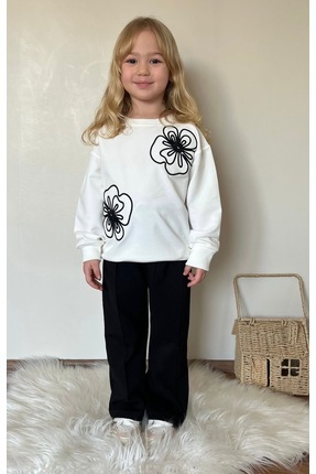 Patriko KIZ ÇOCUK YENİ SEZON SİYAH BEYAZ ÇİÇEK NAKIŞLI 2 İPLİK ŞIK ALT ÜST TAKIM