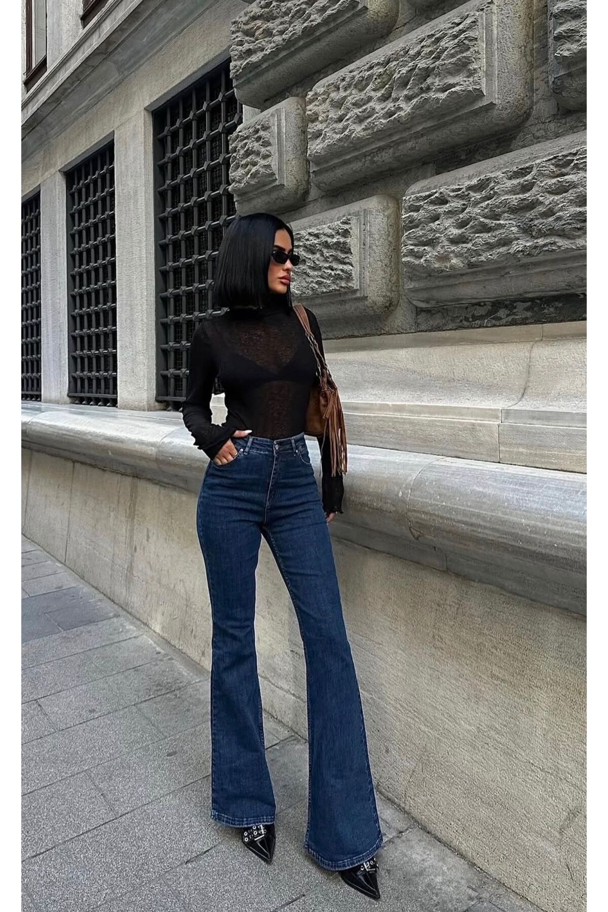 MRİABE  VEGA Ispanyol Yüksek Bel Solmaz Koyu Mavi Kot Pantolon