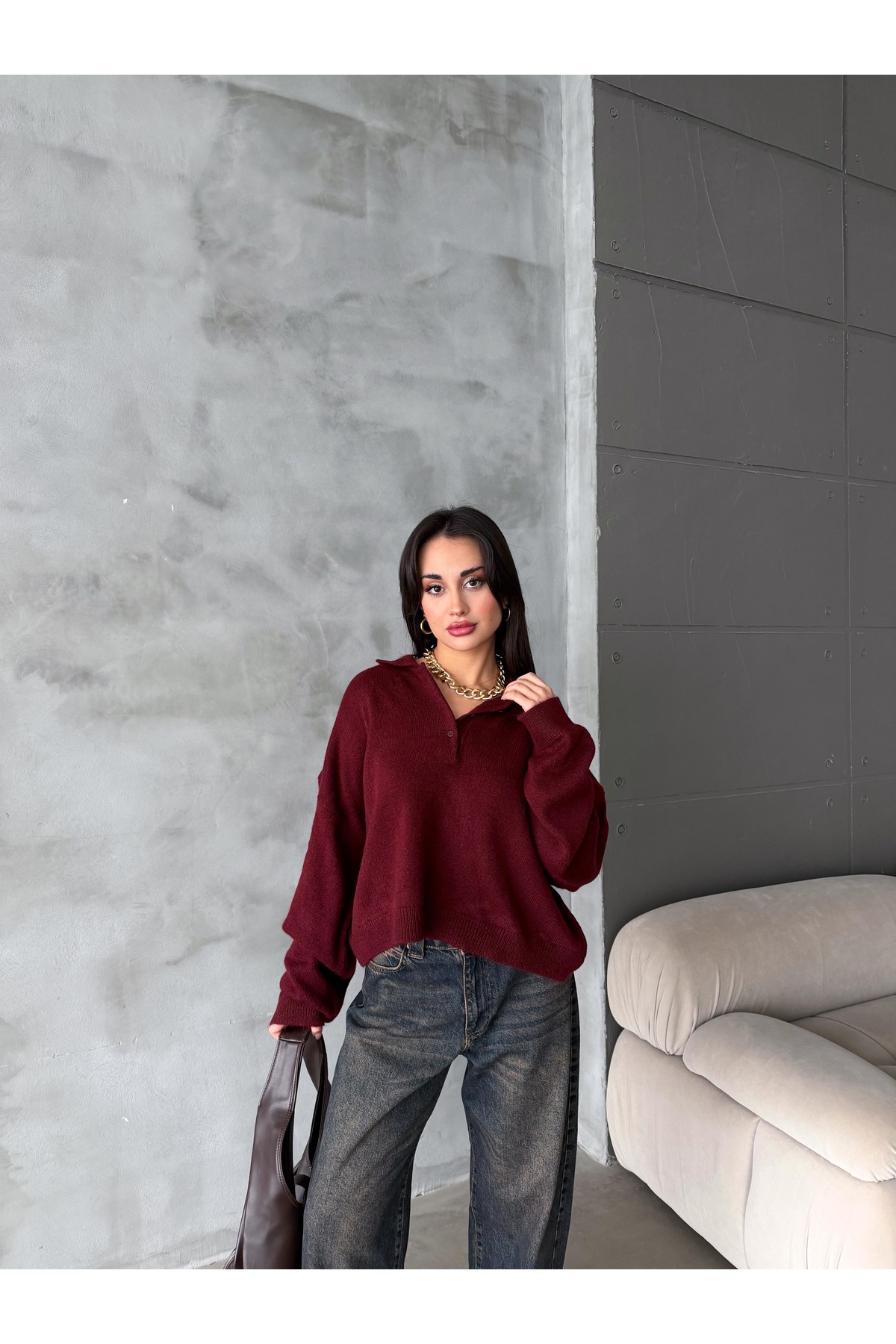 figo  Oversize Polo Yaka Düğmeli Kadın Kazak - Görsel 6