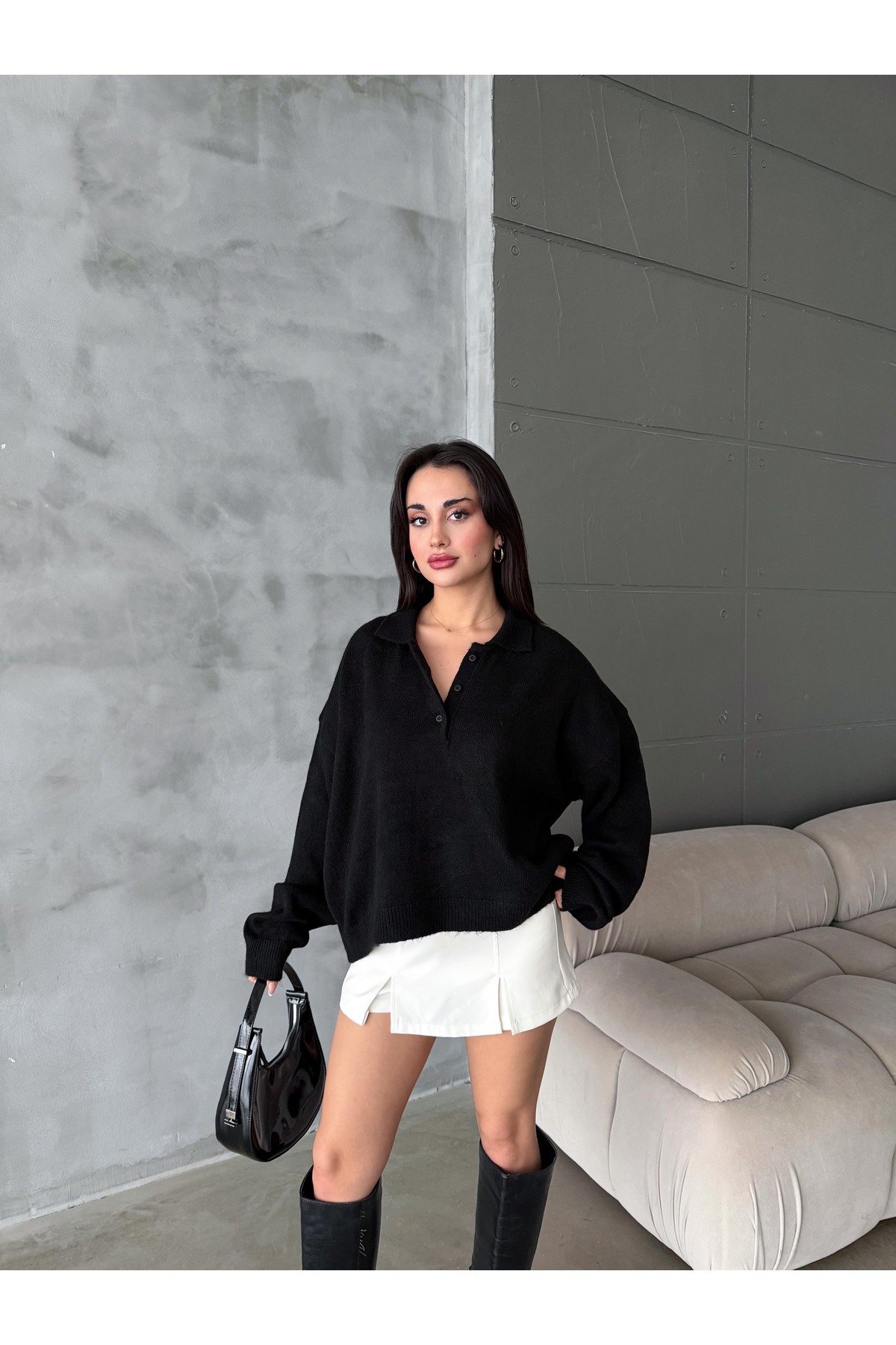 figo  Oversize Polo Yaka Düğmeli Kadın Kazak - Görsel 3