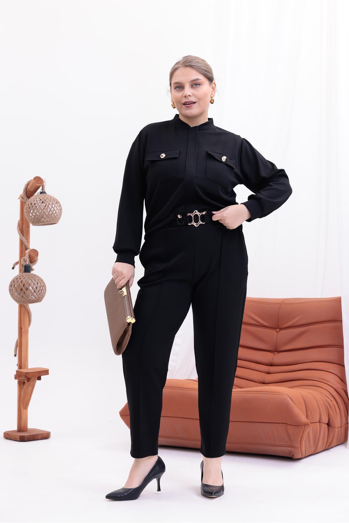 Siyezen Büyük Beden Gold Düğme Detaylı Modal Kumaş Takım