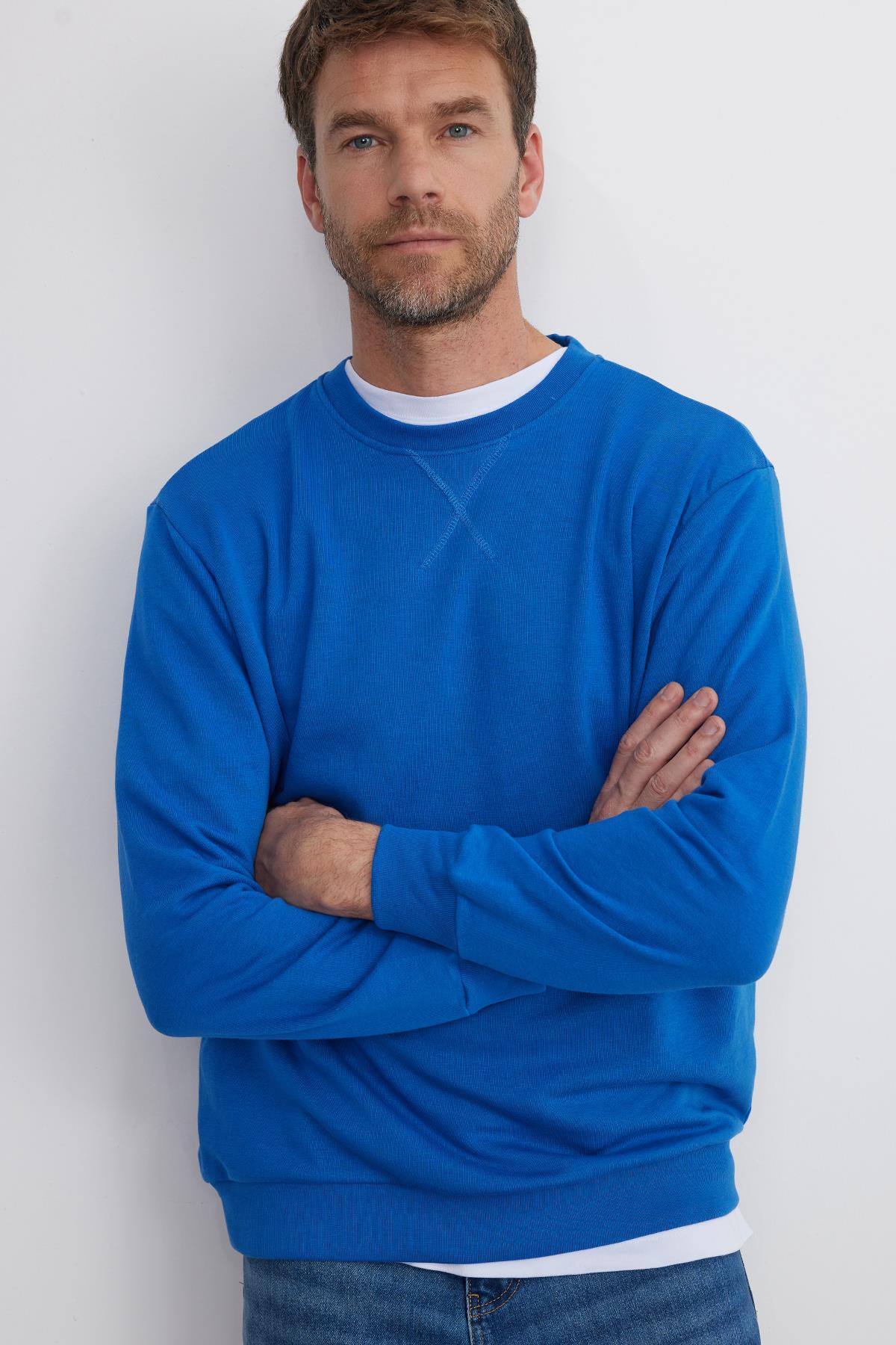 Tudors  Unisex 3'lü Paket Beyaz-Bej-Saks Mavi Relax Fit %100 Pamuk 3 İplik Bisiklet Yaka Sweatshirt - Görsel 4