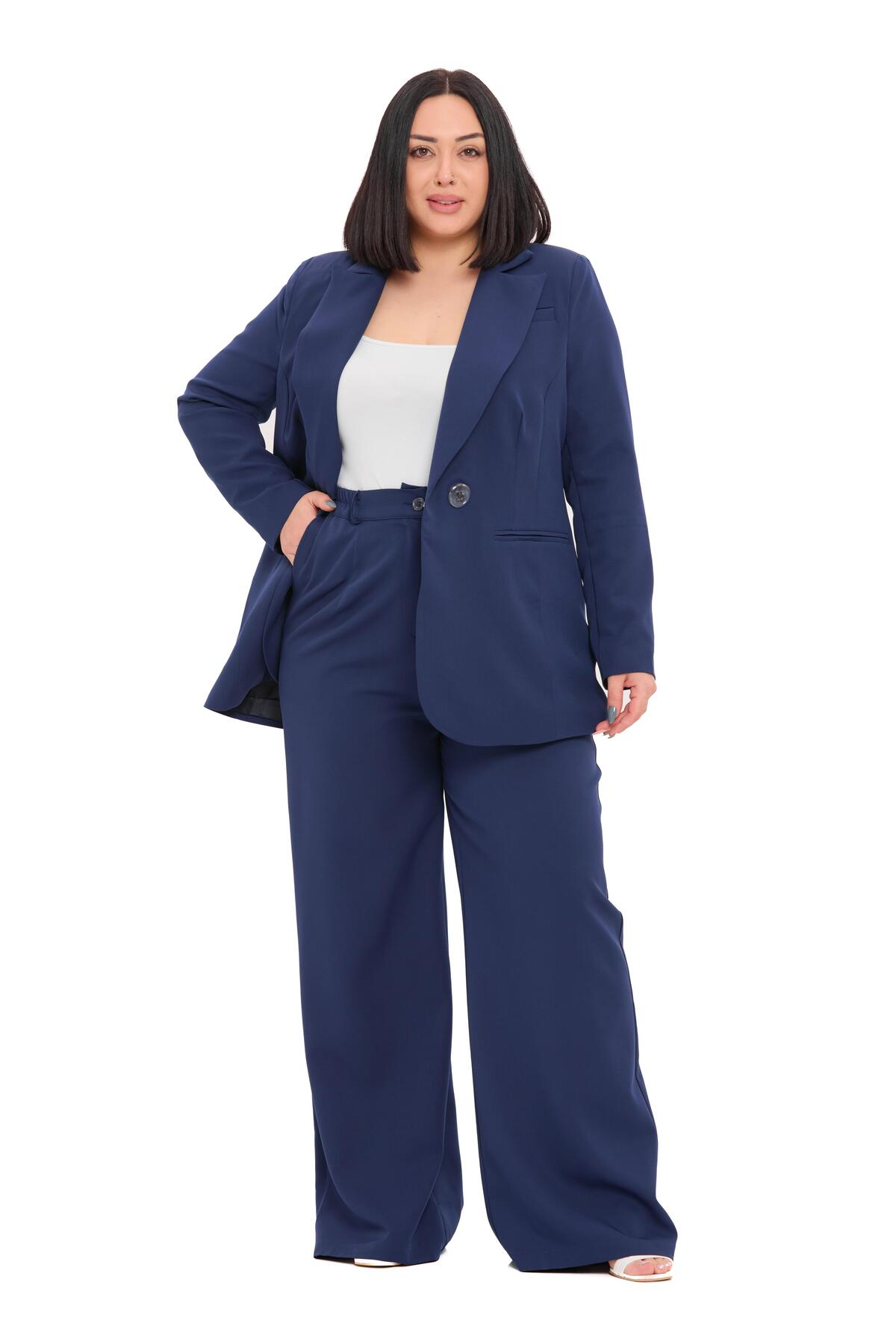 DISENTIS MODEST Büyük Beden Tek Düğmeli Lacivert Ceket Pantolon İkili Takım