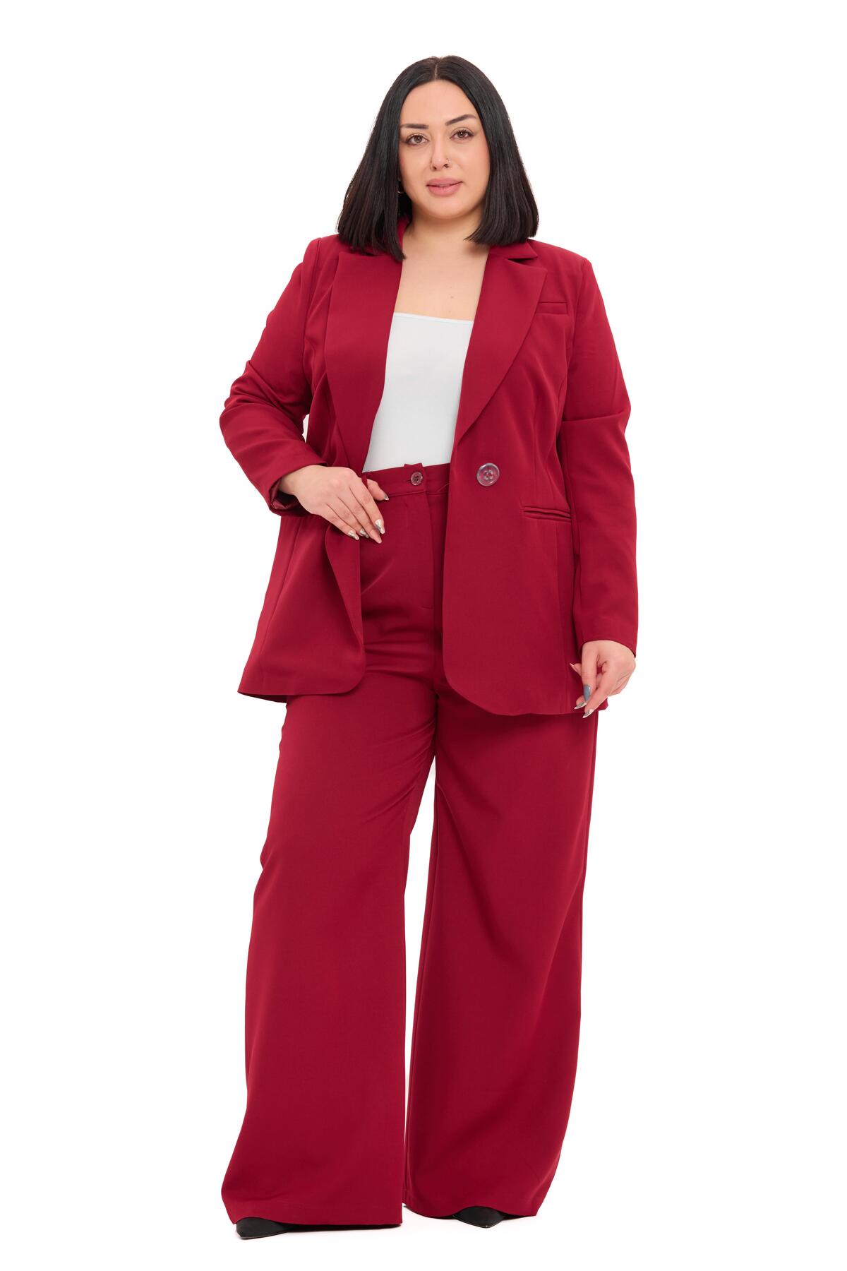 DISENTIS MODEST Büyük Beden Tek Düğmeli Bordo Ceket Pantolon İkili Takım