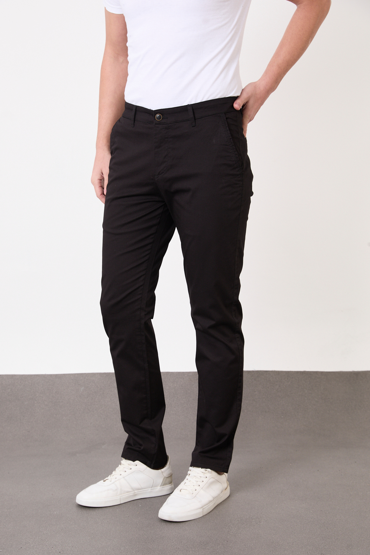 BROCARD Erkek Regular Fit Geniş Kesim Likralı Pamuklu Esnek Siyah Chino Kanvas Pantolon görsel 5