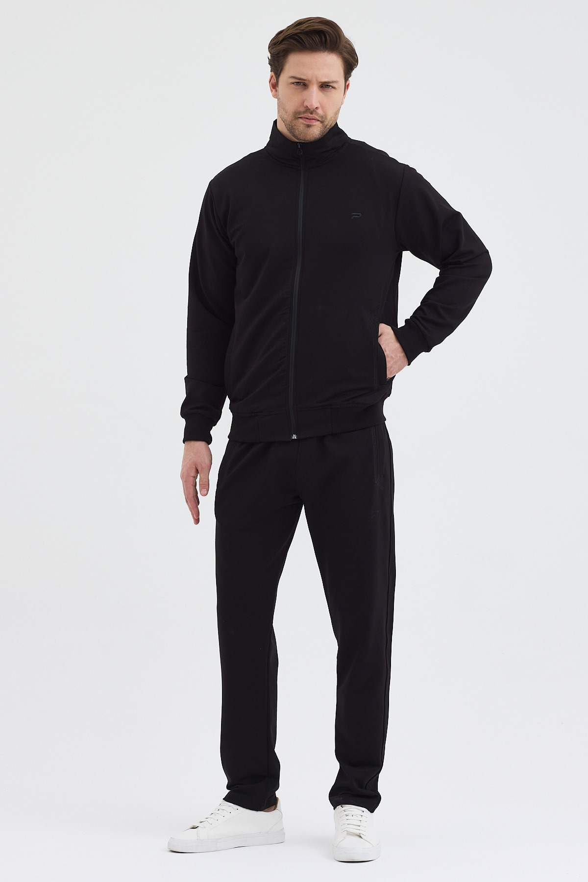 Kompakt Pamuklu Comfort Fit Erkek Hakim Yaka Eşofman Takım — مشکی Dawrazz-3041