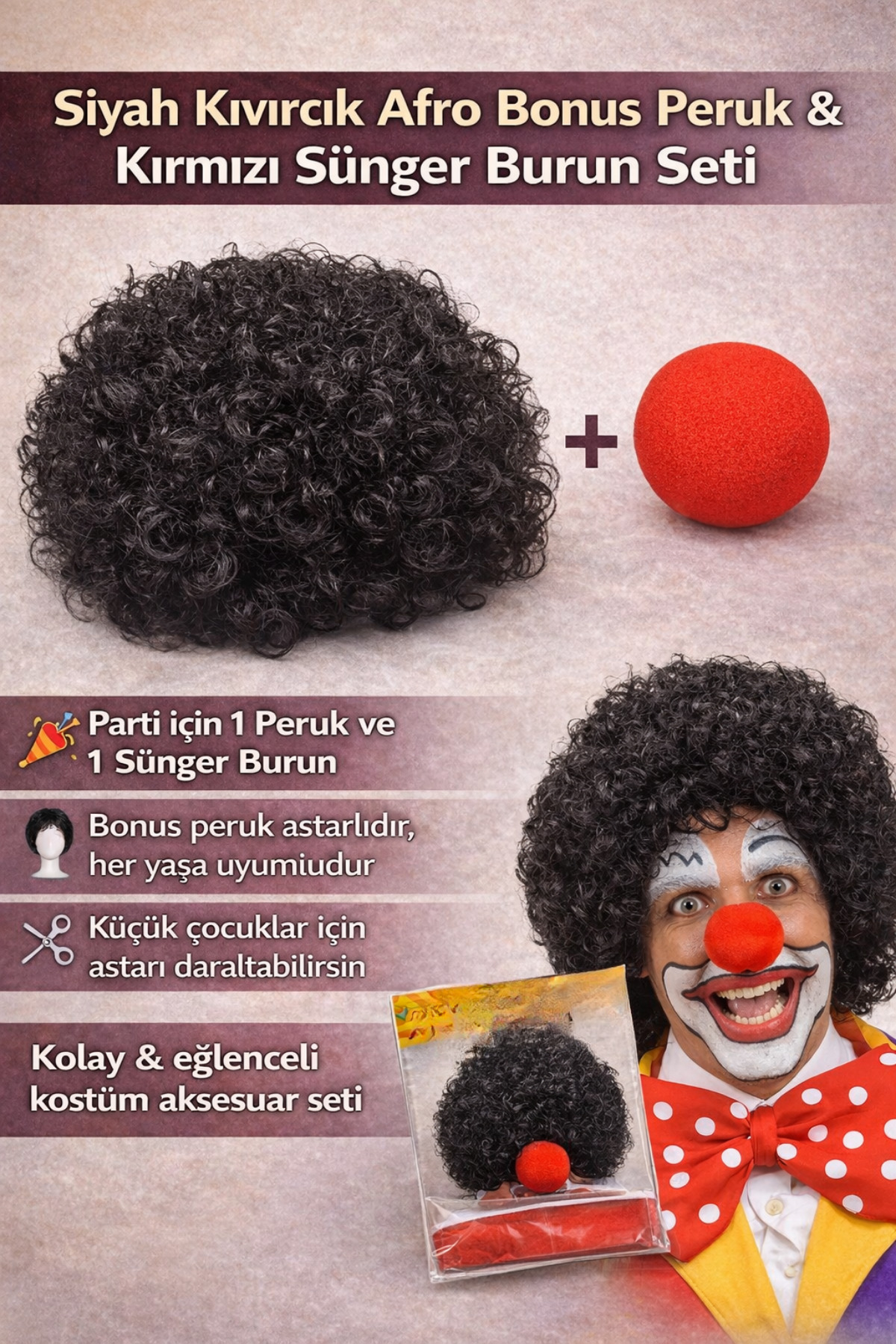 Tamsena Store Siyah Kıvırcık Afro Bonus Peruk ve Kırmızı Sünger Burun Parti Kostüm Seti (Yetişkin & Çocuk Uyumlu)