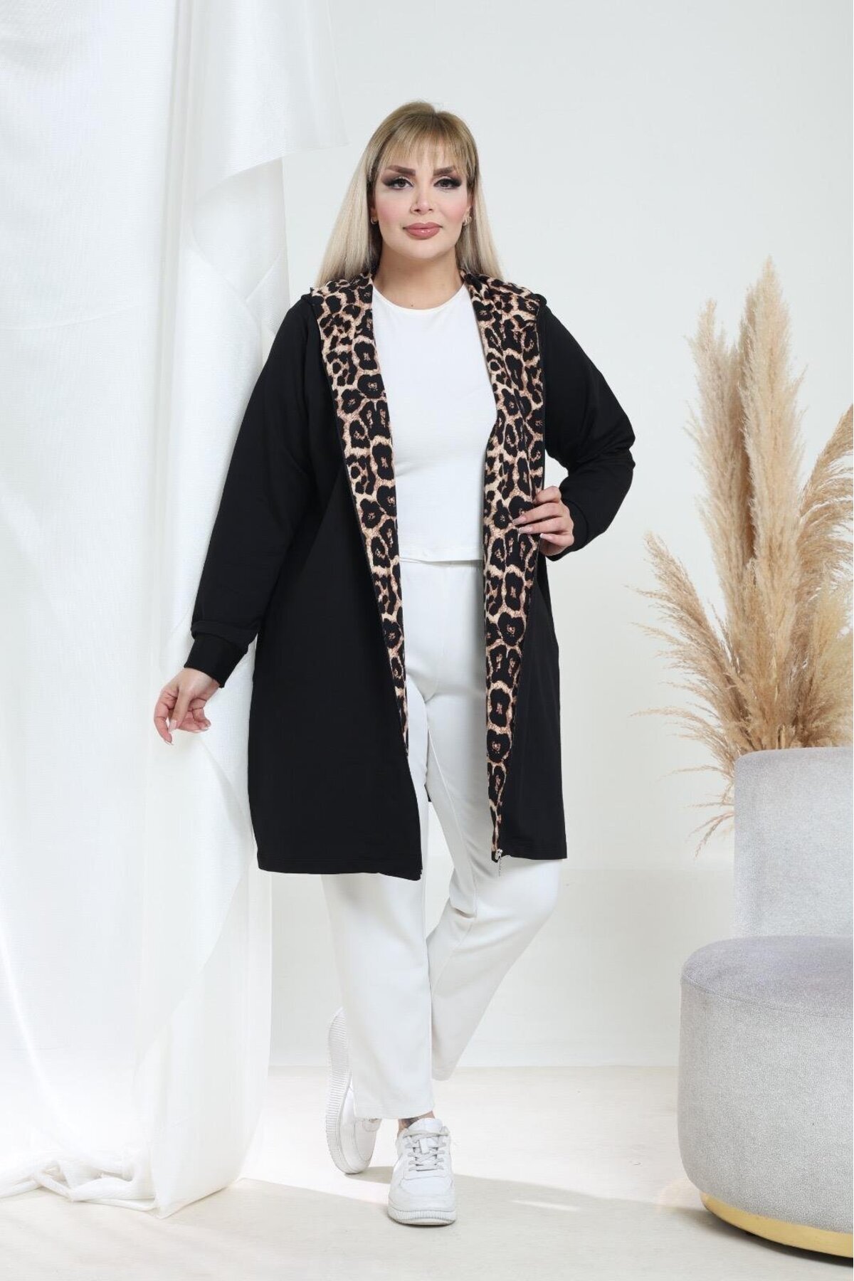 EMEZ  Leopar detaylı uzun hırka - Görsel 6