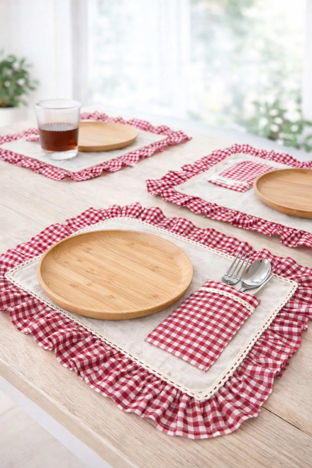 2-Piece Pocket Raw Linen Checkered Ruffle Detailed American Service Underplate 40x35 cm