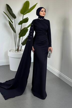 MERVEN AKYÜZ Feranya Yandan Taşlı Pelerinli Balık Abiye Lacivert