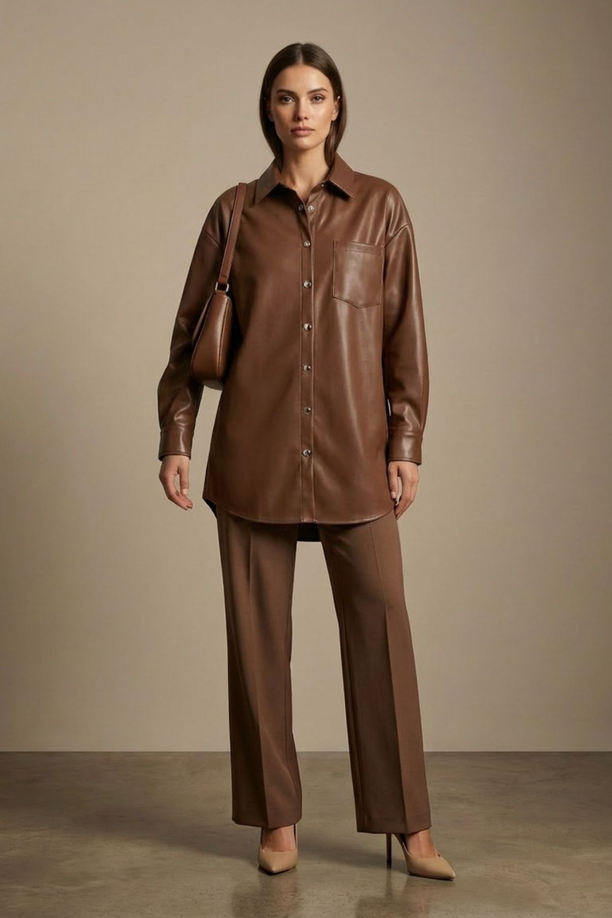 Grenj Fashion  Kahverengi Oversize Cep Detaylı Deri Gömlek - Görsel 7