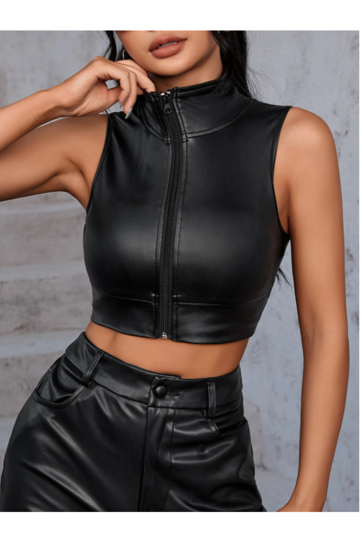 valedia Pu Deri Fermuarlı Crop -Kapsız görsel 4