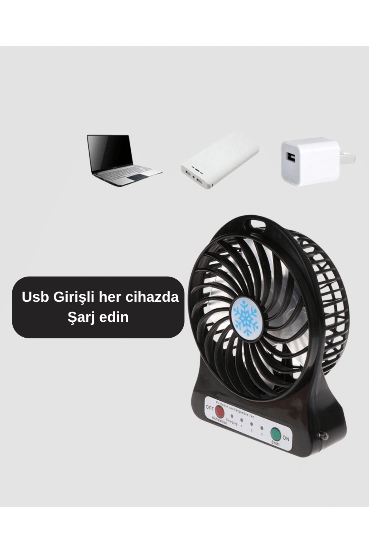 Sepetink Şarjlı USB Fan – Masaüstü Mini Vantilatör, Taşınabilir, Işıklı, 3 Kademeli, Sessiz