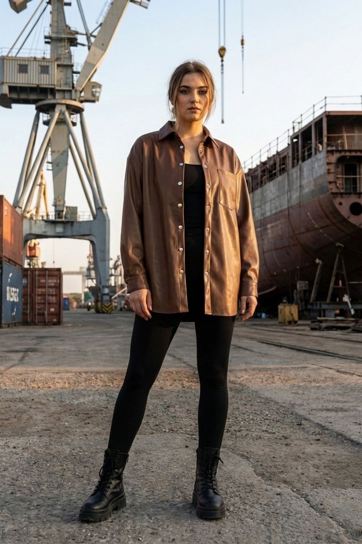 Grenj Fashion  Kahverengi Oversize Cep Detaylı Deri Gömlek - Görsel 2