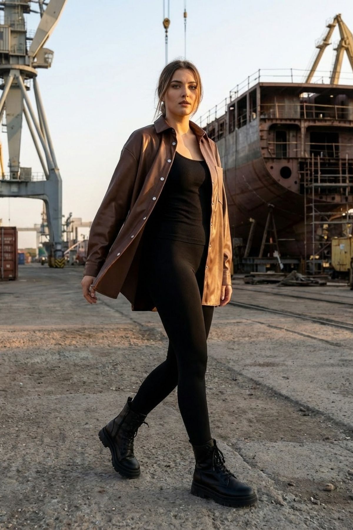 Grenj Fashion  Kahverengi Oversize Cep Detaylı Deri Gömlek - Görsel 6