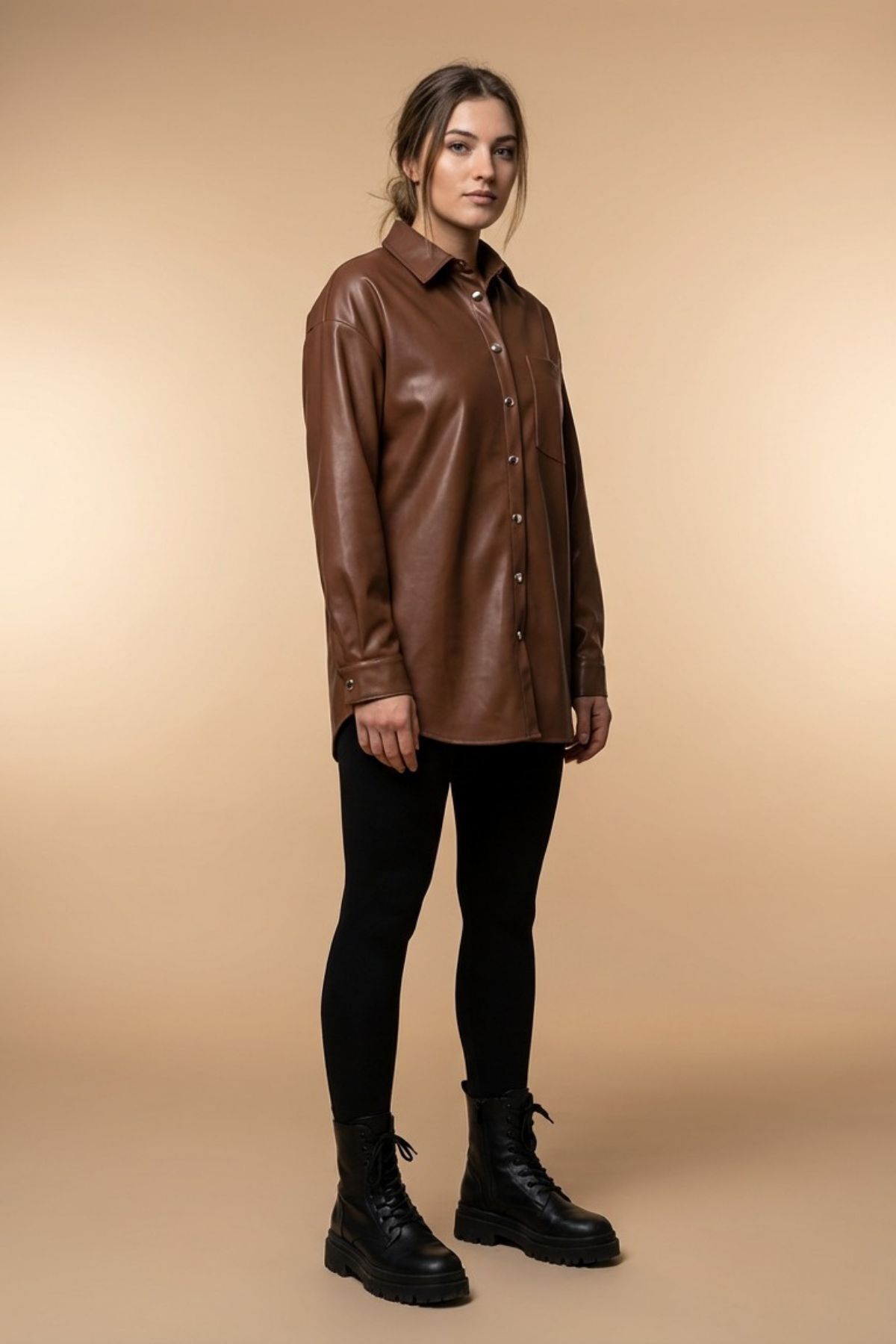 Grenj Fashion  Kahverengi Oversize Cep Detaylı Deri Gömlek