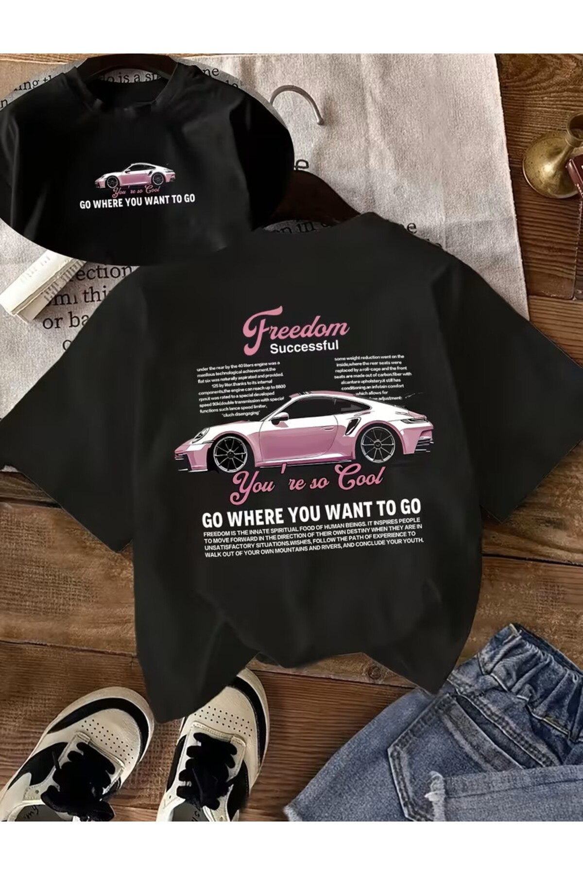 Pink Car Printed Pattern T-Shirt