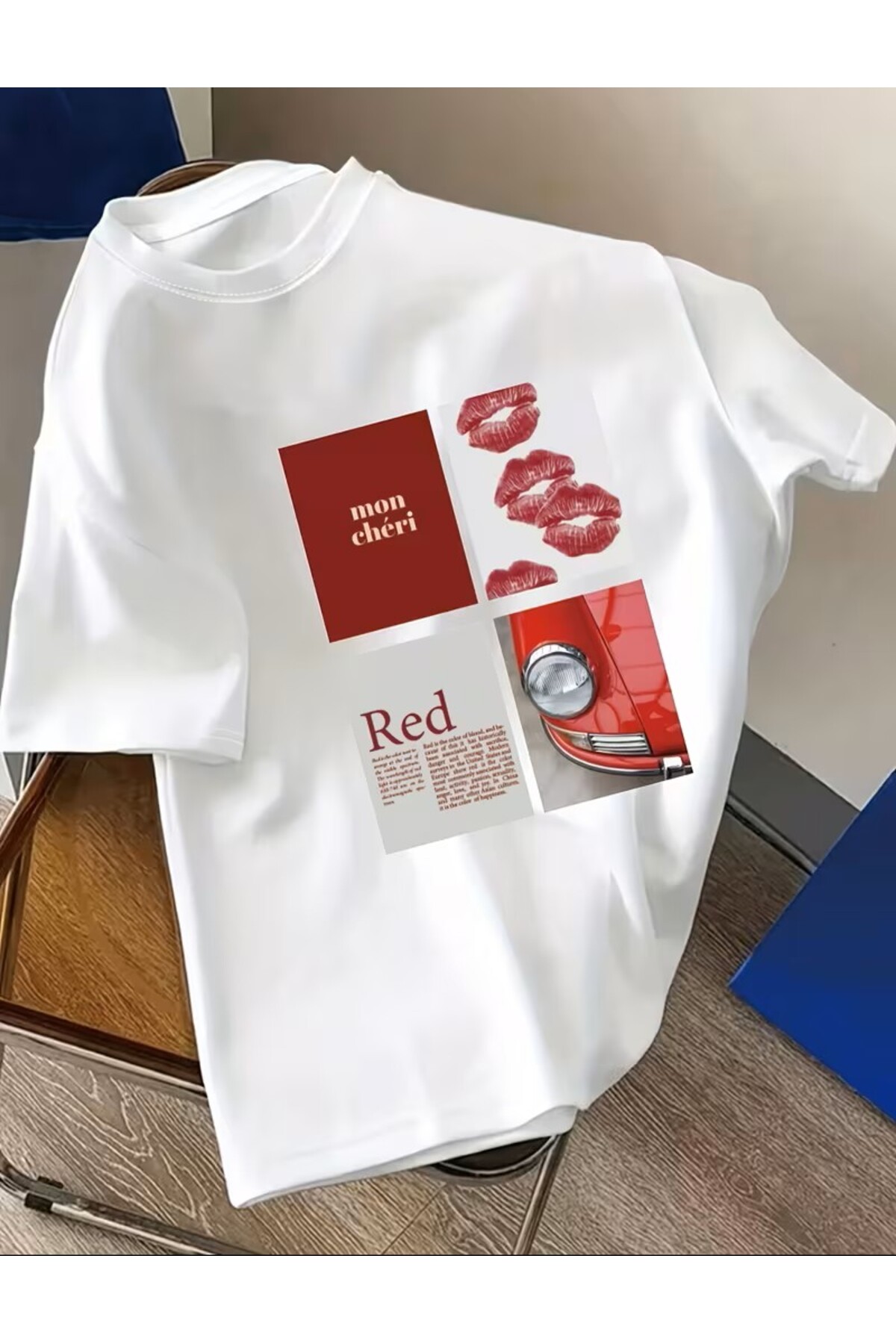 LELVANİ Εντυπωσιακό T-Shirt με σχέδιο κολάζ με κόκκινα χείλη, κόκκινα αυτοκίν...