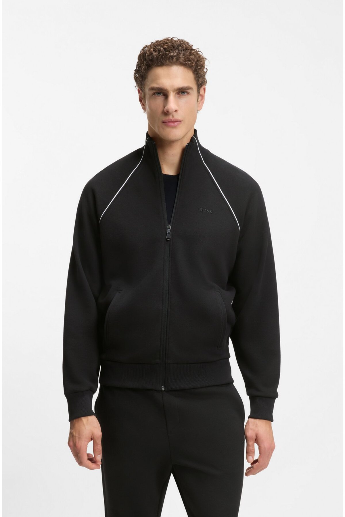 باس ست گرمکن مردانه آستین بلند مشکی یقه ایستاده راه راه زیپ دار معمولی 50555906-001