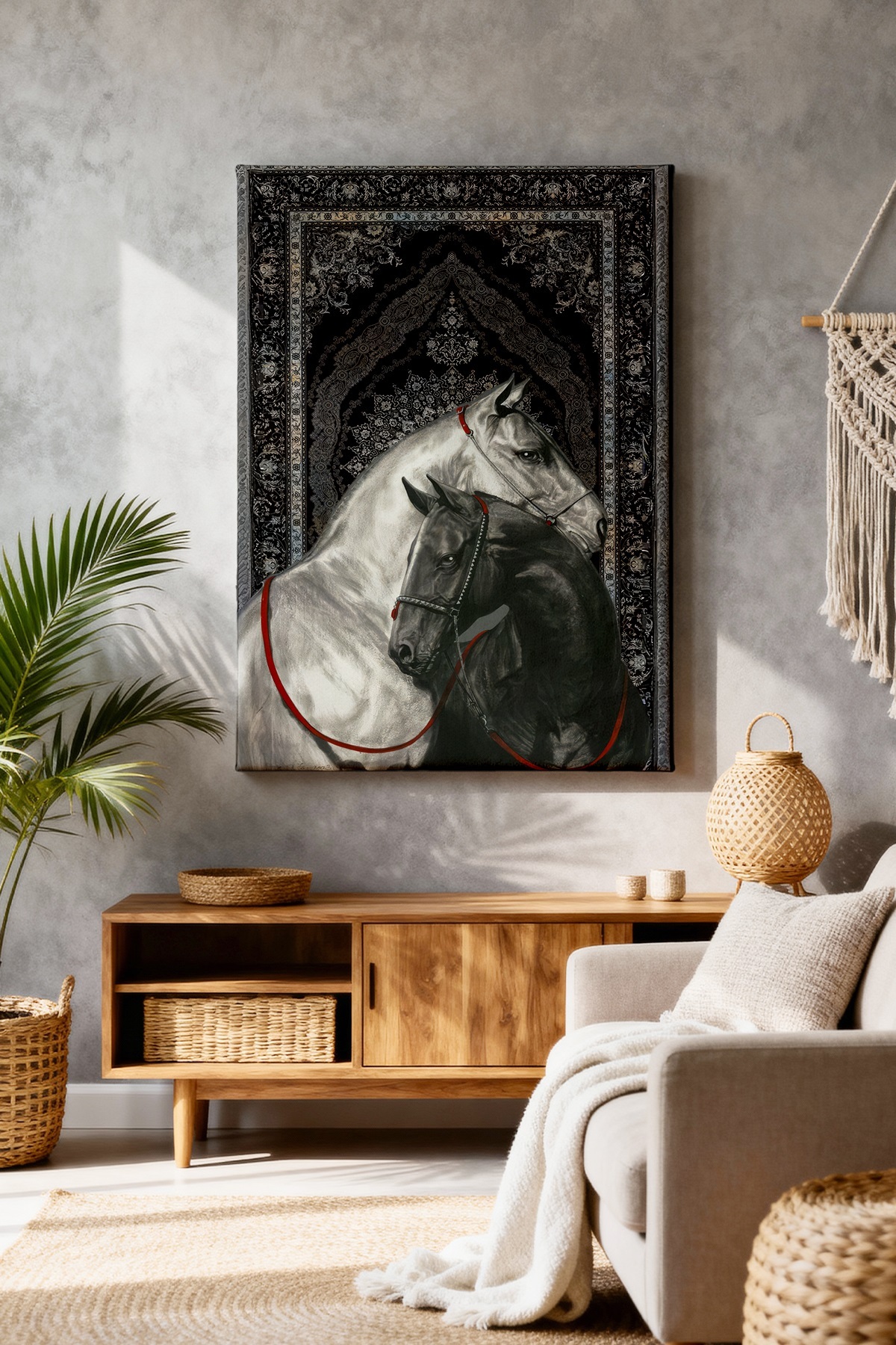 ROYAL HORSES WITH BLACK CARPET PATTERN (antiquated style) CANVAS PAINTING