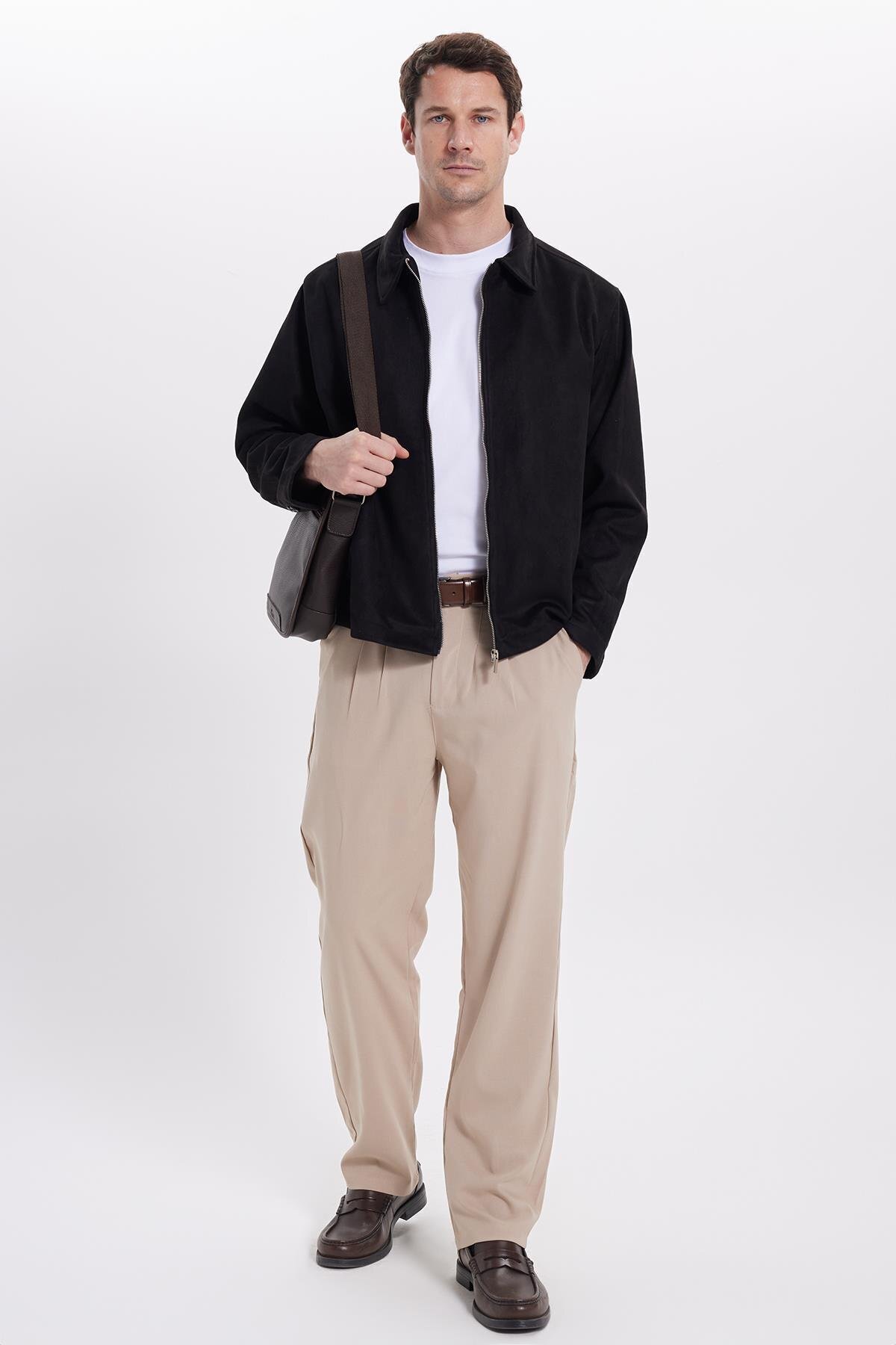 Tudors  Erkek Relax Fit Rahat Kesim Süet Fermuarlı Astarlı Cepli Siyah Kolej Ceket Mont - Görsel 3