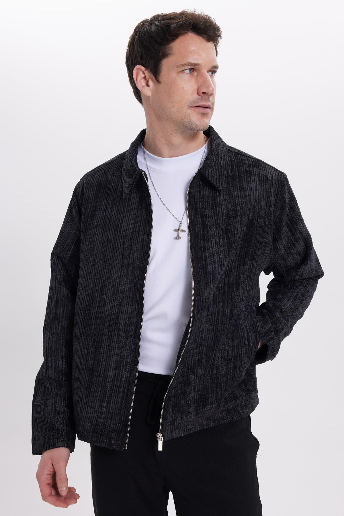 Tudors  Erkek Relax Fit Rahat Kesim Fitilli Fermuarlı Astarlı Cepli Kolej Siyah Ceket Mont Gömlek - Görsel 8