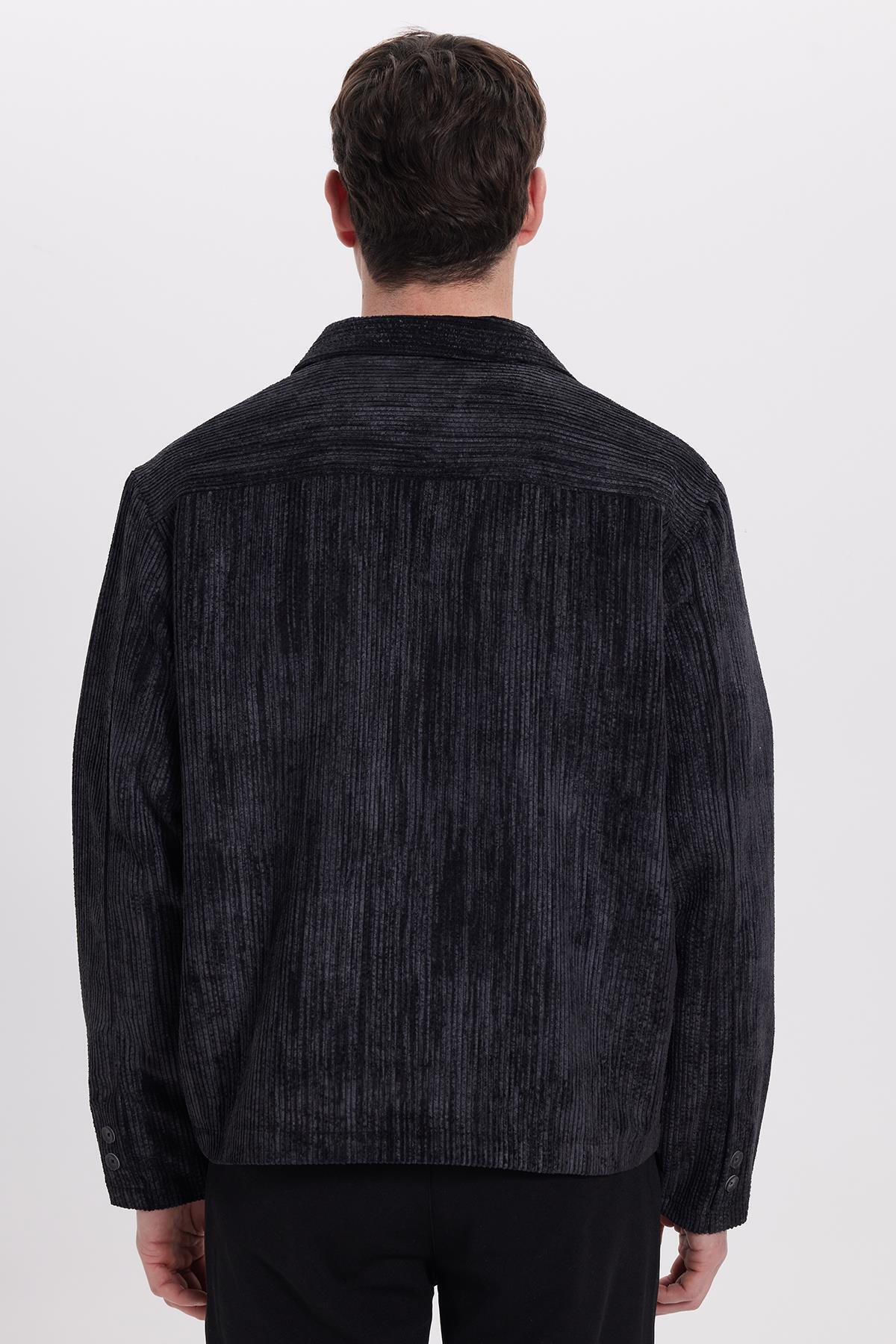 Tudors  Erkek Relax Fit Rahat Kesim Fitilli Fermuarlı Astarlı Cepli Kolej Siyah Ceket Mont Gömlek - Görsel 7